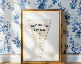 Flaga Brooklynu, haftowana ręcznie w stylu vintage | Dekoracja ścienna do biura | Popularne trendy w sztuce ściennej | Wyjątkowe, ręcznie robione prezenty