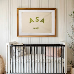 Bandera con nombre de bebé, bandera de lona, letrero con nombre para guardería, pancarta con nombre personalizada, decoración de guardería bohemia, regalo de baby shower, decoración de arte de pared