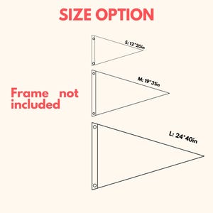 May include: Illustration showing three pennant sizes: S (12x20in), M (19x31in), and L (24x40in). The text "SIZE OPTION" is at the top in red. The text "Frame not included" is on the left in red.