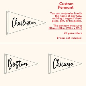 May include: Custom pennants with the names "Charleston", "Boston", and "Chicago" in black script. The pennants are white, triangular, and measure 20 inches by 12 inches. The text "Custom Pennant" is at the top.
