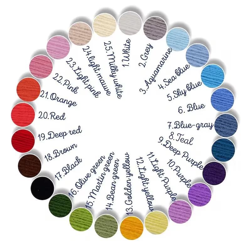 K&ouml;nnte beinhalten: Eine kreisf&ouml;rmige Farbkarte mit f&uuml;nfundzwanzig nummerierten Stoffmustern in verschiedenen Texturen und Farbt&ouml;nen. Die Palette umfasst Wei&szlig;, Grau, Aquamarin, Meerblau, Himmelblau, Blau, Blaugrau, T&uuml;rkis, Dunkellila, Lila, Helllila, Gelb und weitere.
