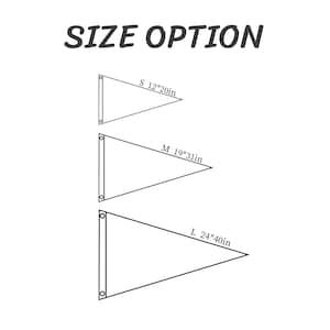 May include: White background with the text "SIZE OPTION" in dark grey. Below are three triangular pennants labeled S, M, and L. The S pennant is 12x20 inches, the M pennant is 19x31 inches, and the L pennant is 24x40 inches.