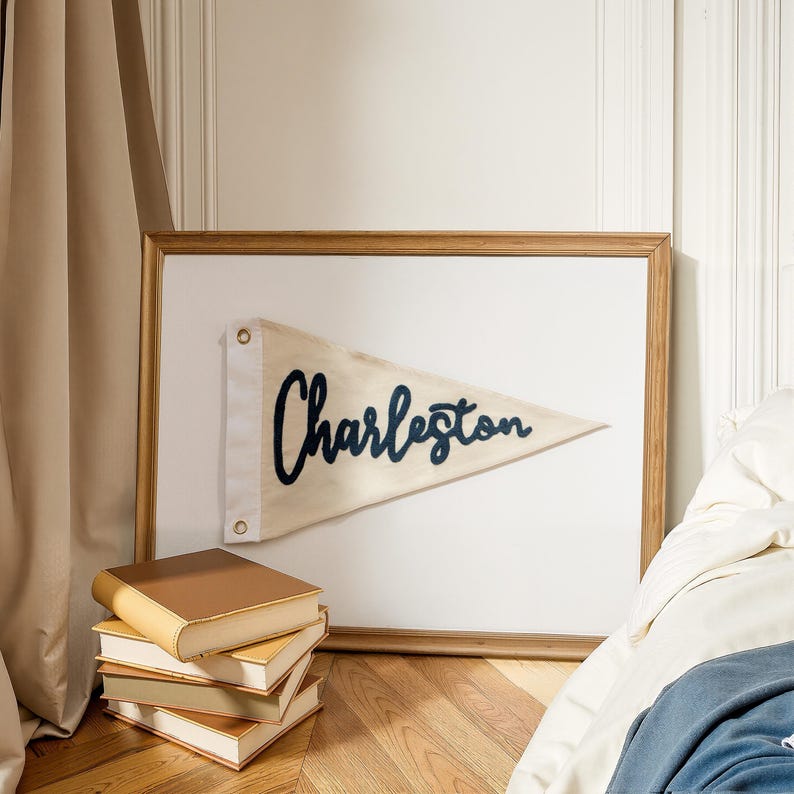 May include: A framed pennant with the word "Charleston" in navy blue script. The pennant is beige and triangular, with metal grommets. The frame is a light brown wood. A stack of books with tan covers sits below the frame.