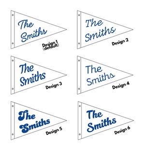 May include: A collection of six pennant flags, each with a white background and a blue design. The flags are triangular, with the text "The Smiths" in various fonts. Each flag is labeled with a design number, from 1 to 6.