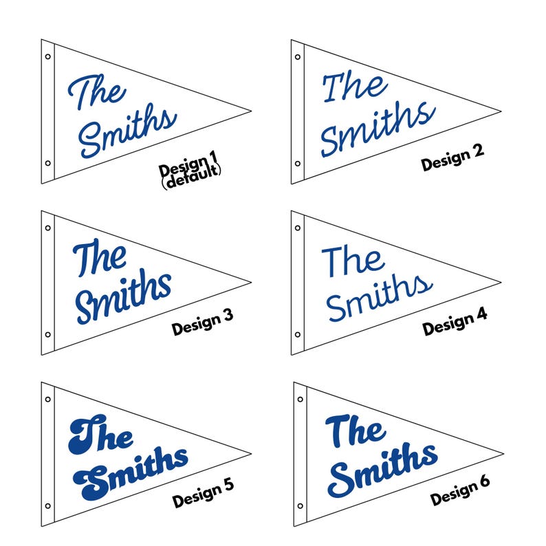 May include: A collection of six pennant flags, each with a white background and a blue design. The flags are triangular, with the text "The Smiths" in various fonts. Each flag is labeled with a design number, from 1 to 6.