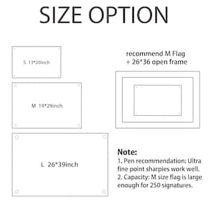 K&ouml;nnte beinhalten: Eine Gr&ouml;&szlig;entabelle f&uuml;r rechteckige Flaggen mit dem Text SIZE OPTION. Drei Gr&ouml;&szlig;en sind aufgef&uuml;hrt: S 13*20inch, M 19*29inch und L 26*39inch. Ein Diagramm zeigt eine M-Flagge in einem 26*36 offenen Rahmen. Hinweise zu Stiften und Kapazit&auml;t enthalten.