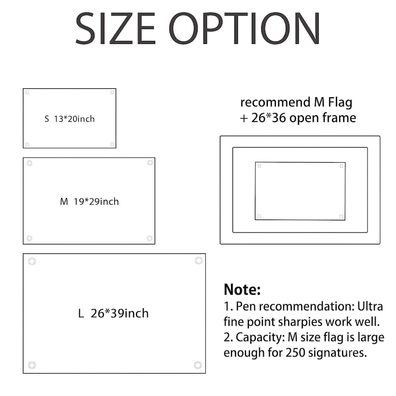 K&ouml;nnte beinhalten: Eine Gr&ouml;&szlig;entabelle f&uuml;r rechteckige Flaggen mit dem Text SIZE OPTION. Drei Gr&ouml;&szlig;en sind aufgef&uuml;hrt: S 13*20inch, M 19*29inch und L 26*39inch. Ein Diagramm zeigt eine M-Flagge in einem 26*36 offenen Rahmen. Hinweise zu Stiften und Kapazit&auml;t enthalten.