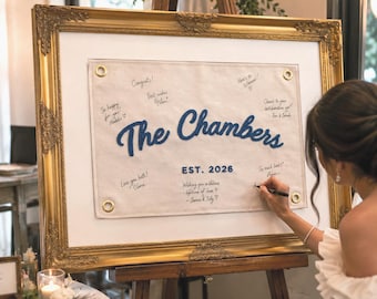 Libro de firmas alternativo personalizado para bodas, banderín bordado con apellido, letrero de recuerdo para bodas, decoración de pared personalizada, pancarta con puntada de cadena