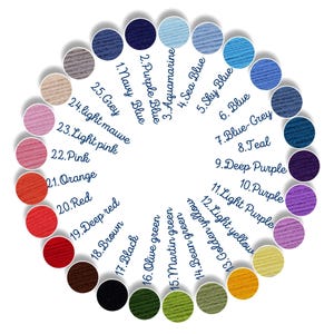 May include: A color palette arranged in a circle, featuring 25 different yarn colors. Each color is represented by a small, round swatch with a corresponding number and color name, including shades of blue, purple, green, and yellow.