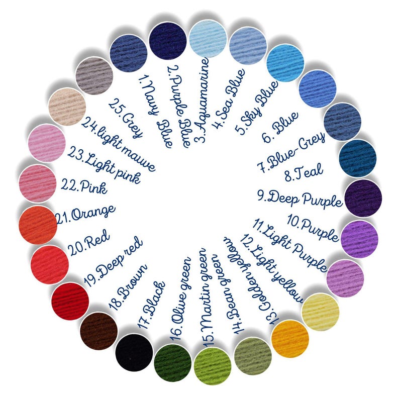 May include: A color palette arranged in a circle, featuring 25 different yarn colors. Each color is represented by a small, round swatch with a corresponding number and color name, including shades of blue, purple, green, and yellow.