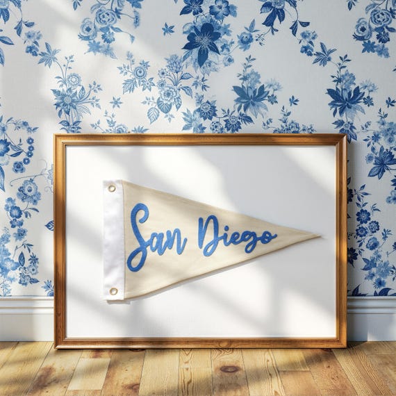 Hand Embroidered Vintage pennant Flag | Custom San Diego City flag | Home Office Decor | Trending Popular Wall Art | Unique Handmade Gifts