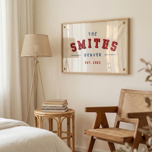 Puede incluir: Una obra de arte enmarcada con el texto "THE SMITHS DENVER EST. 2023" en letras rojas y azules. El marco es de madera clara, y el arte se exhibe en una habitación luminosa con una lámpara y una silla.