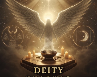 May include: An ethereal image featuring a celestial figure with large, feathered wings, bathed in golden light. A bowl sits on a decorative platform, surrounded by lit candles. The text "DEITY READING" is displayed at the bottom.