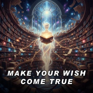 Puede incluir: Una figura etérea sosteniendo un libro abierto, irradiando luz, se encuentra en una biblioteca con estanterías curvas. La imagen presenta un fondo celestial con páginas flotantes y el texto "MAKE YOUR WISH COME TRUE" en la parte inferior.