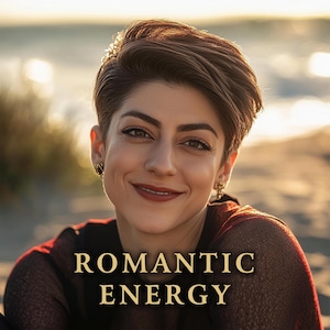 Puede incluir: Una mujer con el pelo corto castaño sonríe a la cámara. Lleva pendientes dorados y una parte superior de color rojo oscuro. Las palabras "ROMANTIC ENERGY" se muestran en letras doradas debajo.