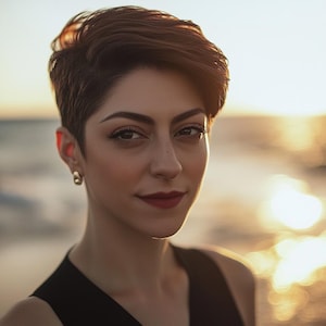 Pode incluir: Retrato de uma pessoa com cabelo curto castanho escuro e uma parte superior preta. A pessoa tem pele clara, olhos escuros e batom vermelho. Brincos dourados s&atilde;o vis&iacute;veis. O fundo est&aacute; desfocado, com tons quentes e dourados.