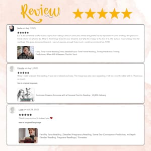 Pode incluir: Uma p&aacute;gina de avalia&ccedil;&atilde;o de clientes com um t&iacute;tulo dourado "Review" e cinco estrelas douradas. As avalia&ccedil;&otilde;es s&atilde;o de Nadia, Claudia e Love. As avalia&ccedil;&otilde;es mencionam "Exact Time Frame Reading", "Soulmate Drawing" e "Fertility Tarot Reading".
