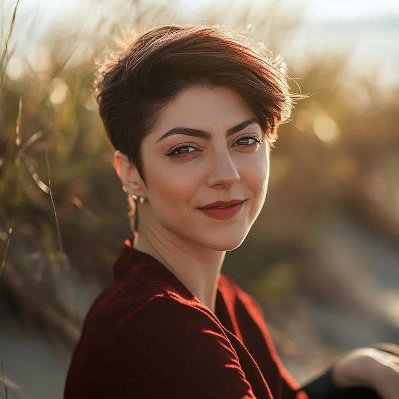 Pode incluir: Uma mulher com cabelo curto, vermelho escuro e olhos castanhos sorri para a c&acirc;mera. Ela usa um top vermelho escuro e brincos de prata pequenos. O fundo est&aacute; desfocado com luz solar quente e grama alta.