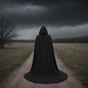 May include: A person wearing a black hooded cloak walks down a path in a field. The sky is dark and cloudy.