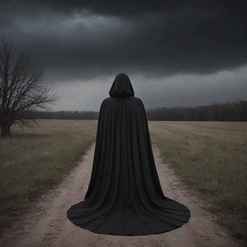 May include: A person wearing a black hooded cloak walks down a path in a field. The sky is dark and cloudy.