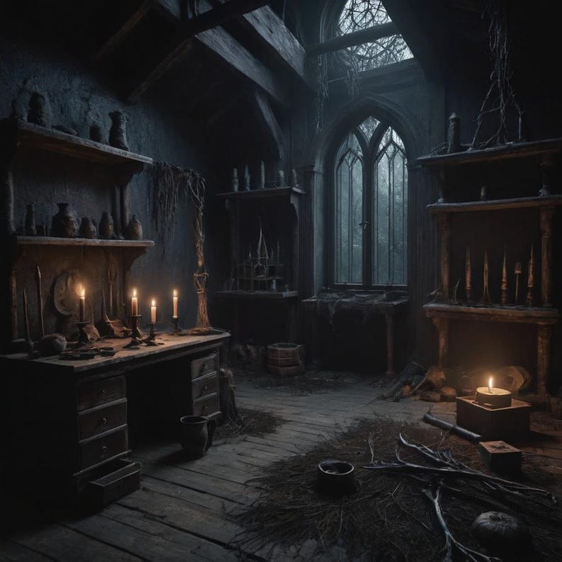May include: A dark, dimly lit room with a wooden desk, shelves, and a large window. The desk is covered in various objects, including candles, a mirror, and a book. The shelves are filled with jars, bottles, and other items. The window is covered in vines and looks out onto a dark forest.
