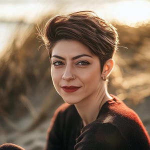 May include: A portrait of a person with short, dark brown hair styled upwards. They have brown eyes, a nose ring, and a red lip color. They are wearing a dark brown sweater. The background is blurred with warm, golden tones.
