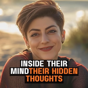 May include: A smiling person with short brown hair and dark eyes. The person is wearing a dark red top and gold earrings. Text on the image reads: "INSIDE THEIR MIND THEIR HIDDEN THOUGHTS."