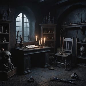 May include: A dark, dimly lit room with a wooden desk, a chair, and shelves filled with various objects. The desk has a book open on it and candles are lit on the desk. The room has a gothic and mysterious atmosphere.