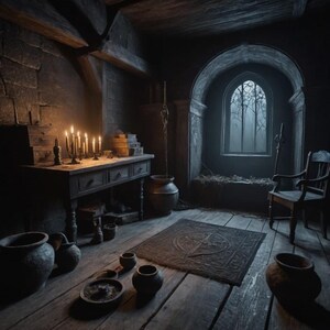 May include: A dimly lit room with a wooden floor, a wooden table with candles, and a window with a view of a foggy forest. There are several clay pots and a wooden chair in the room.