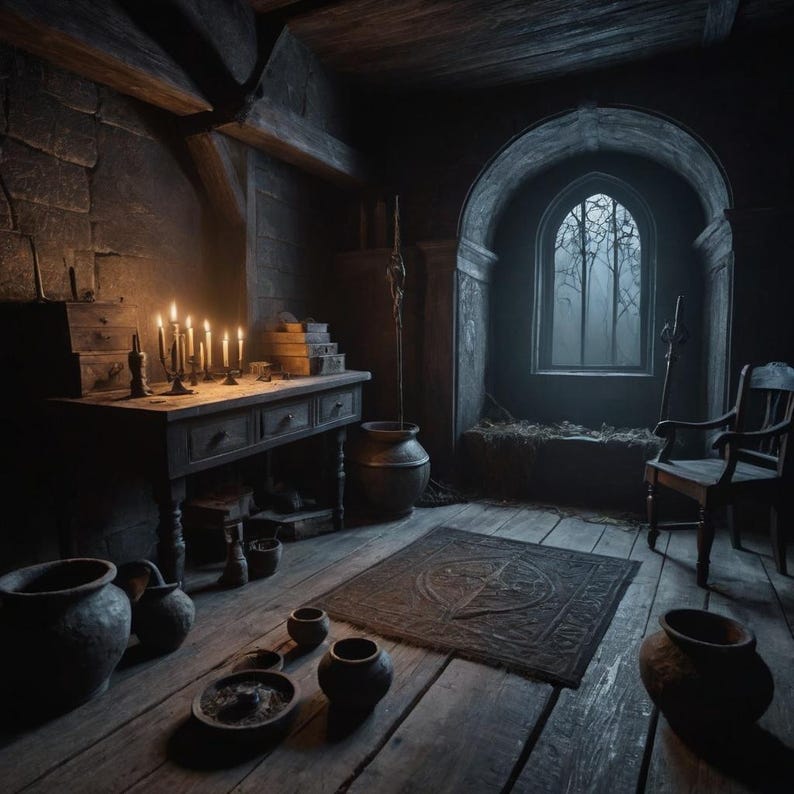 May include: A dimly lit room with a wooden floor, a wooden table with candles, and a window with a view of a foggy forest. There are several clay pots and a wooden chair in the room.