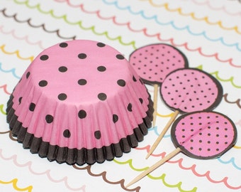 Pink/Dark Brown Polka Dot Cupcake Set