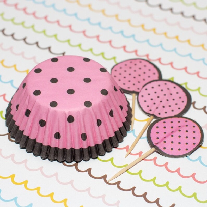 Pink/Dark Brown Polka Dot Cupcake Set image 1