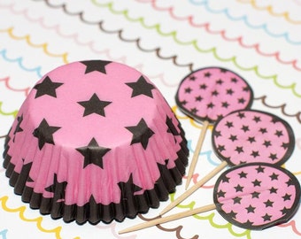 Pink/Dark Brown Stars Cupcake Set