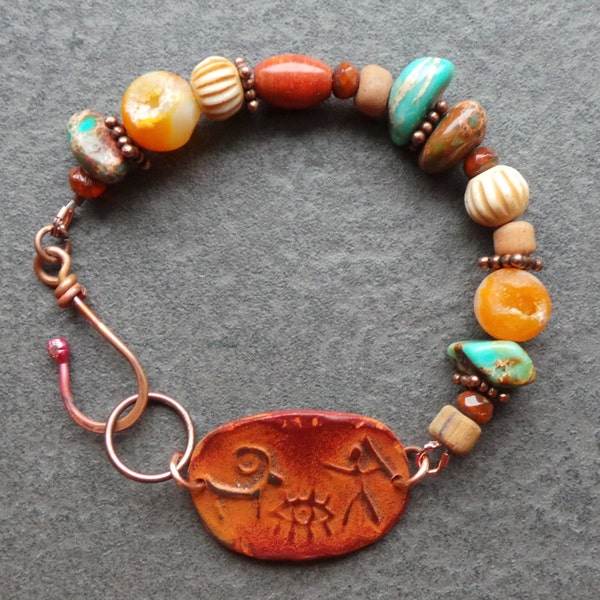 Tribal Primitve Bohemian Jasper Druzy Copper Cave Art Bracelet, Rustic Orange Rust Bone and Green Gemstone Bracelet