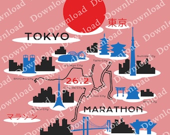 Stadsplan - Tokyo City 2026 marathonafbeelding download 3 png-bestanden met transparante achtergrond, sticker voor producten met lichte en donkere kleuren