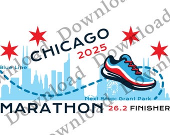 Volgende halte blauwe lijn. Afbeelding marathon Chicago 2025 downloaden transparante png-sticker wit/donker lettertype voor donkere/lichte kleurproducten