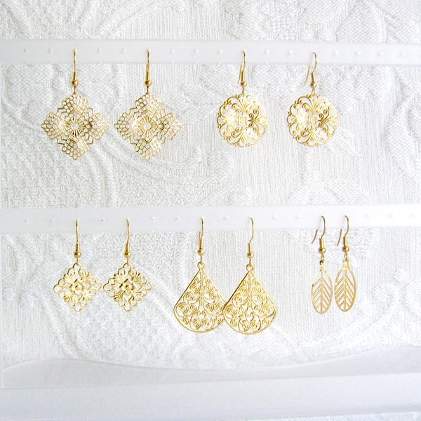 Five Pair GOLD or SILVER Filigree Pierced or Clip On Earrings