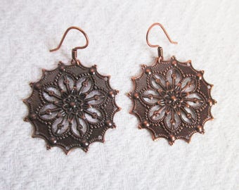 Large Round Antiqued Copper Filigree Pierced or Clip On Earrings