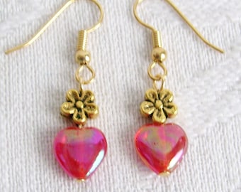Small Red Heart and Antiqued Gold Flower Pierced or Clip On Earrings