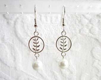 Silver Leaf Spray with Pearl, Pierced or Clip On Earrings
