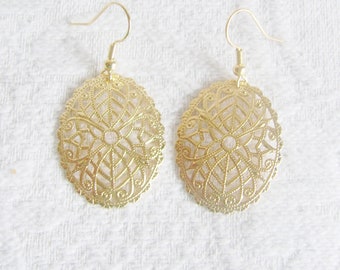 Large Gold or Silver Oval Filigree Pierced or Clip On Earrings