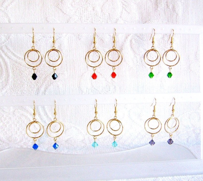 Gold Circle Pierced or Clip On Earrings with Crystals in 15 Color Choices