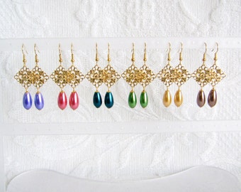 Gold Filigree and Pearl Teardrop Pierced or Clip On Earrings, 12 color choices