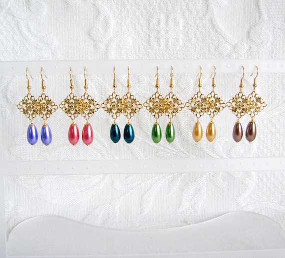 Gold Filigree and Pearl Teardrop Pierced or Clip On Earrings, 12 color choices