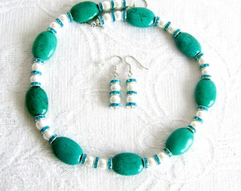 Turquoise, Pearls, and Crystal Necklace and Earrings