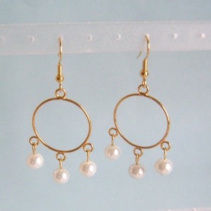 Gold Hoop Pierced or Clip On Earrings with Three Pearl Dangles