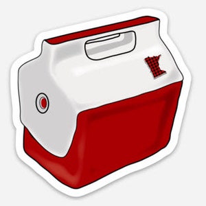 May include: A red and white cooler with a Minnesota state outline sticker on the side. The cooler has a red handle and a red lid.