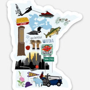 May include: A colorful illustration of the state of Minnesota with various icons representing the state's culture and attractions.  The illustration includes a hotdish, a loon, a walleye fish, a snow-covered cabin, a skyline of the Twin Cities, a snowplow, a wild rice plant, a hockey stick, a lake with a boat, a snowmobile, and the word "Uffda!"