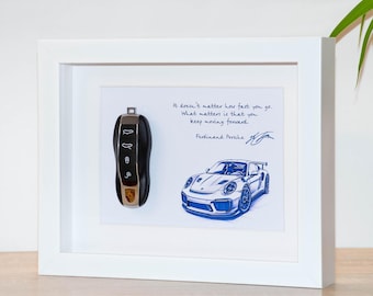Porsche 911 Key Framed Decoration - Motivational Ferdinand Porsche Quote and Signature
