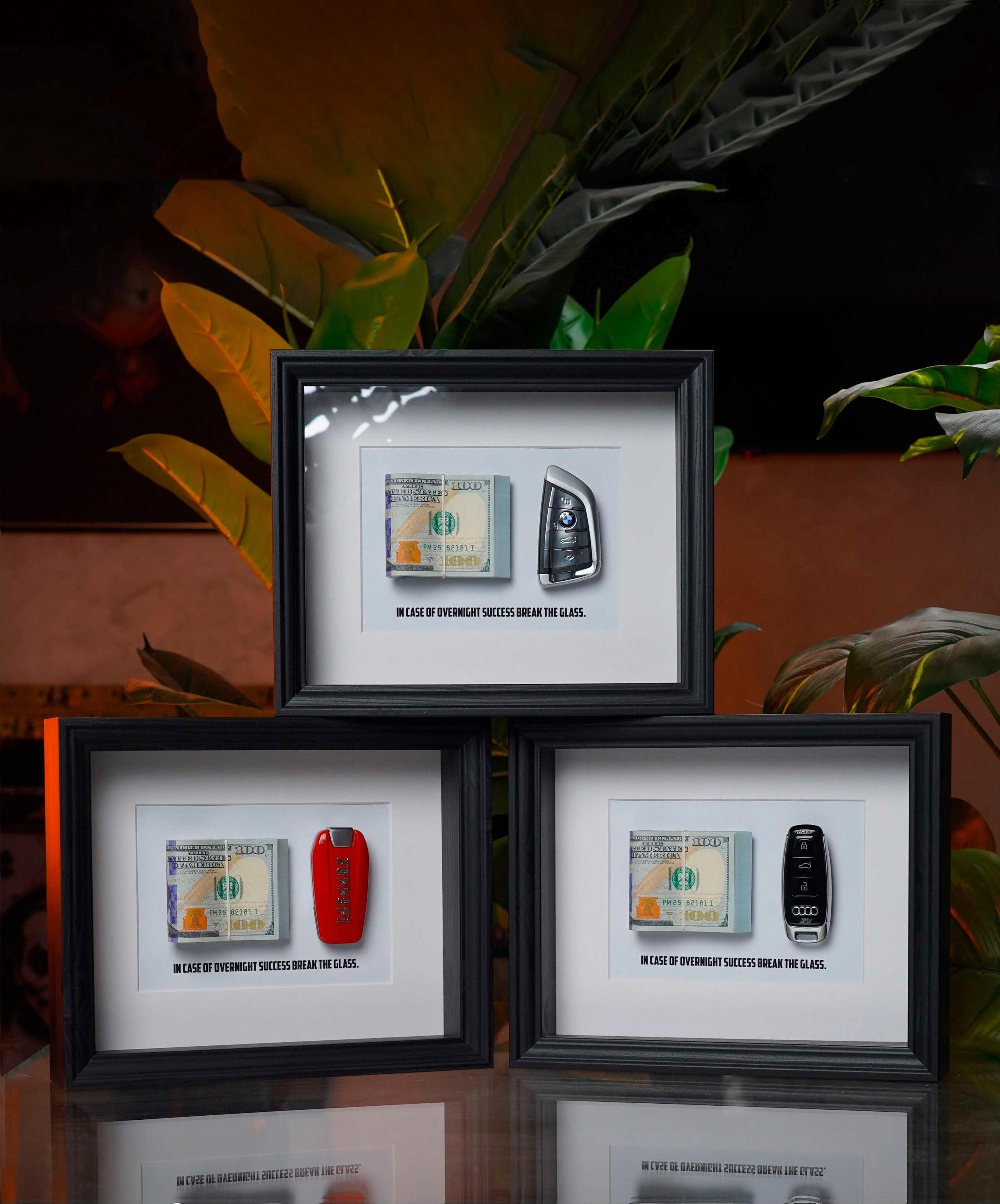 Ferrari, Porsche, BMW Key and Money  Framed Decoration - With your Signature